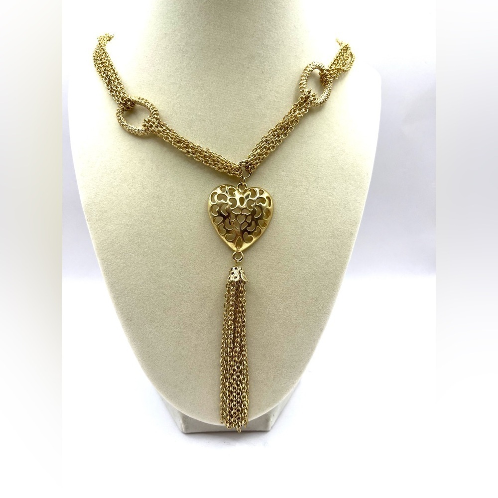 Necklace  Gold Tone Triple Chain Heart Pendant Tassel Twisted Bands Necklace